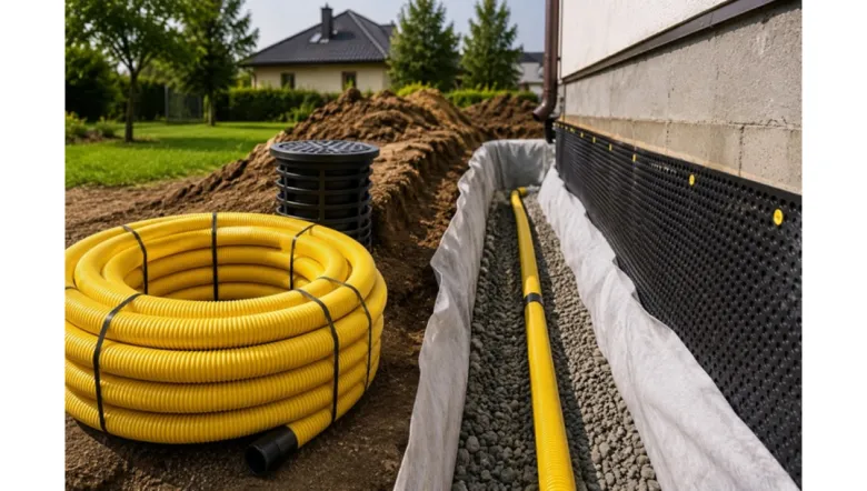 Žlutá drenážní trubice vedle instalovaného systému pro odvodnění u domu.