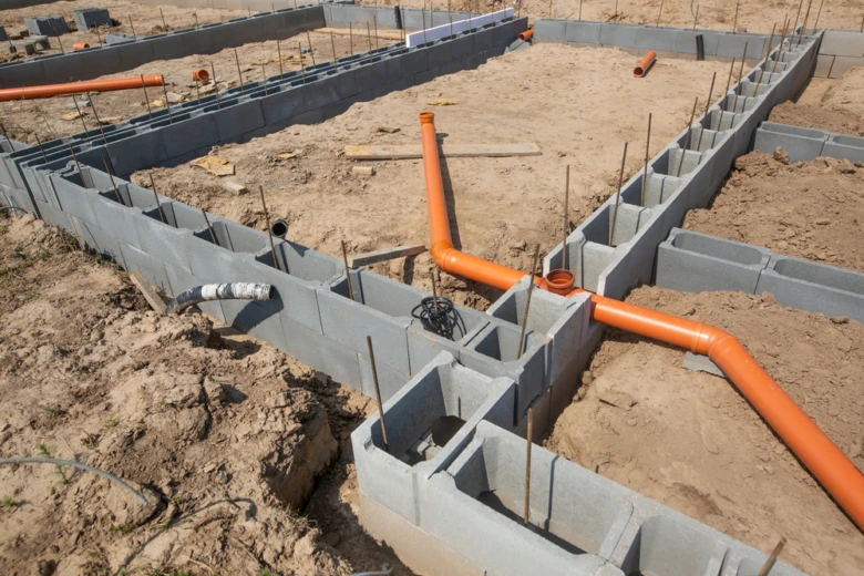 Stavba základové stěny z betonových bloků s oranžovými potrubími.