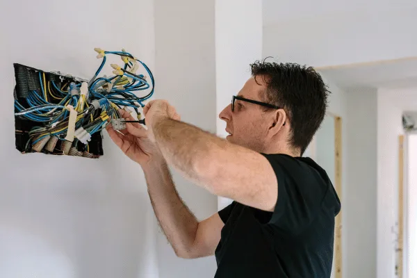 Elektrikář opravuje instalaci v domácnosti.