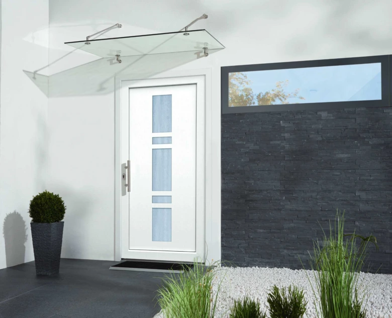 Modern front door with glass panels and canopy