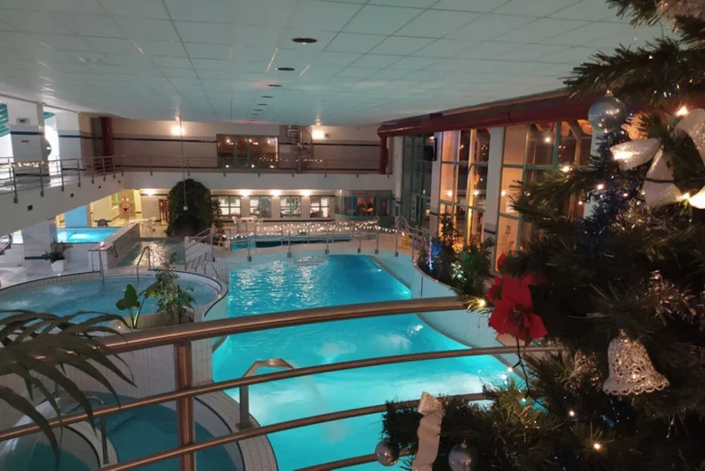 Indoor swimming pool with christmas tree
