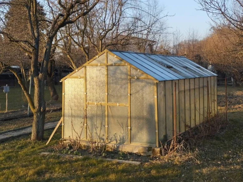 Dřevěný skleník s průsvitnými panely na trávníku mezi stromy.