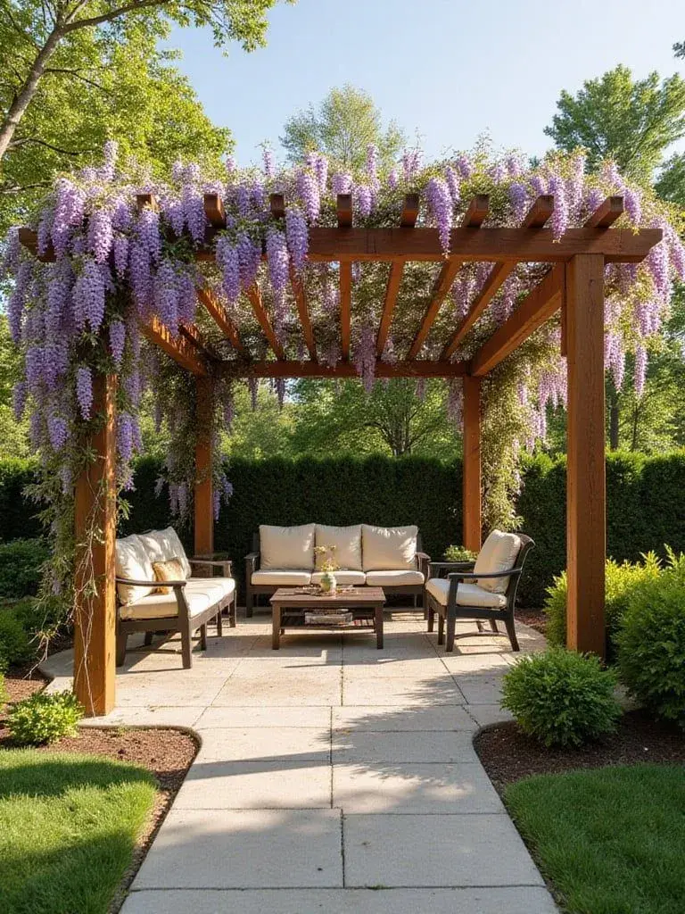 Perforovaná pergola s fialovými vísavkami a zahradním posezením.