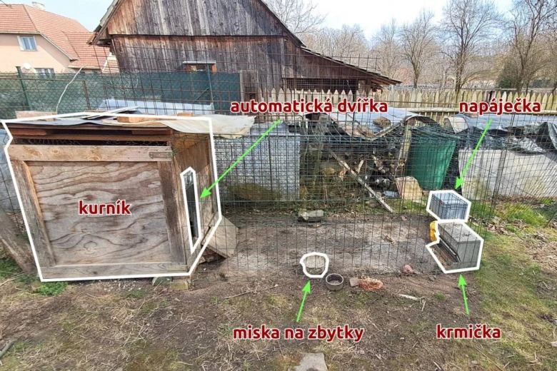 Kurník s automatickými dvířky, krmicítkem i napáječkou pro slepice.