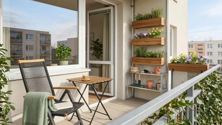 Zelený balkon v bytovce s dřevěnými květináči na zdi.