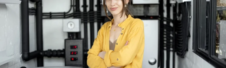 Žena stojí v místnosti s instalací elektrokotle pro vytápění.