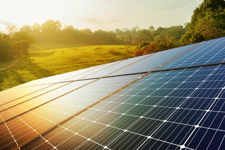 Fotovoltaické panely na trávnaté svah v přírodě při západu slunce.