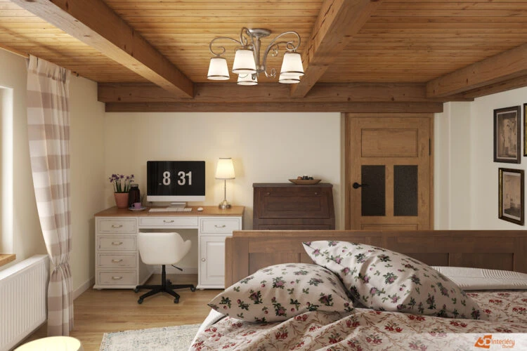 Loft s dřevěnými trámy v moderním designu pro inspiraci.