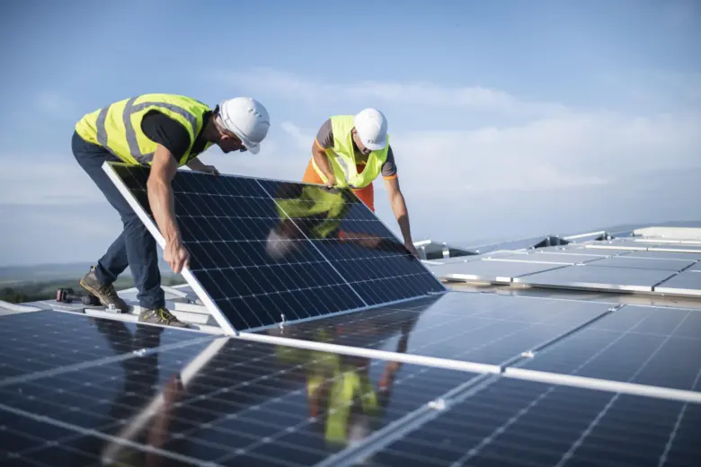 Dva pracovníci montují fotovoltaický panel na střechu.