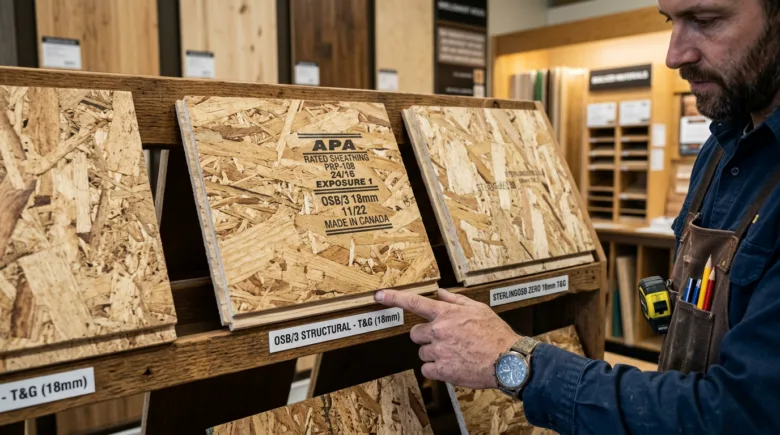 Muž zkoumá vzorky dřevotřískových desek v obchodě s materiály.
