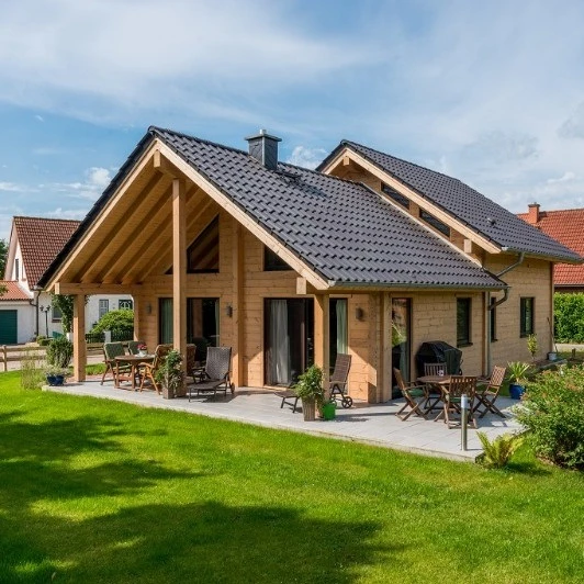 Moderní dřevostavba s terasou na pozadí zelené trávy.