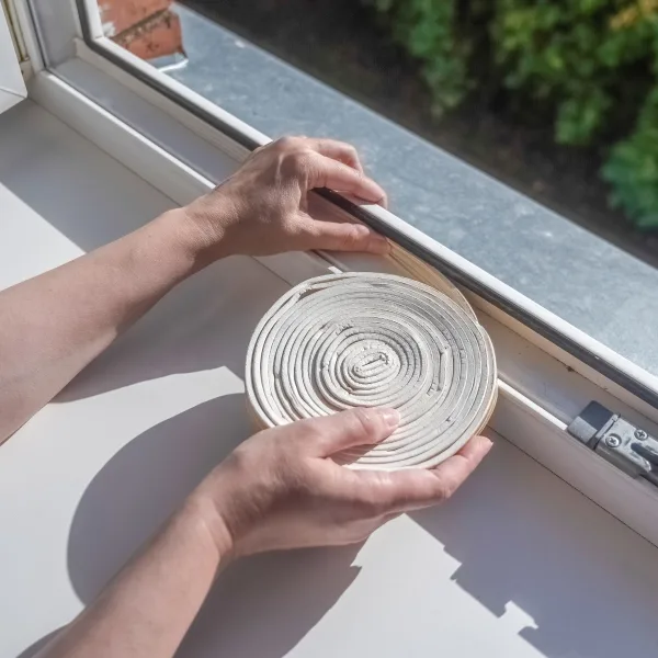 Ruční instalace těsnicí pásky do rámu okna.