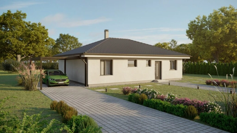 Moderní zděný bungalov s garáží na pozemku v zeleni.
