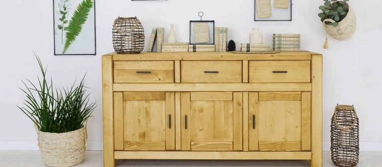 Wooden sideboard with beige decor