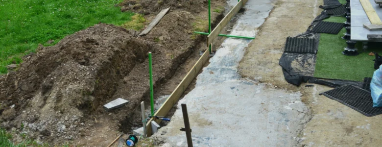 Stavba betonové terasy s dřevěnými tvary pro nalití betonu.