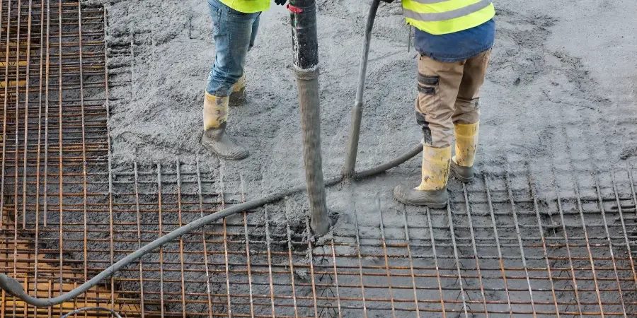 Práce s betonem na ocelové mřížce pro ztracené bednění.