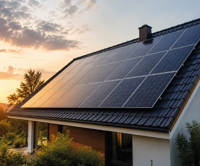 Fotovoltaické panely na střeše domu při západu slunce.