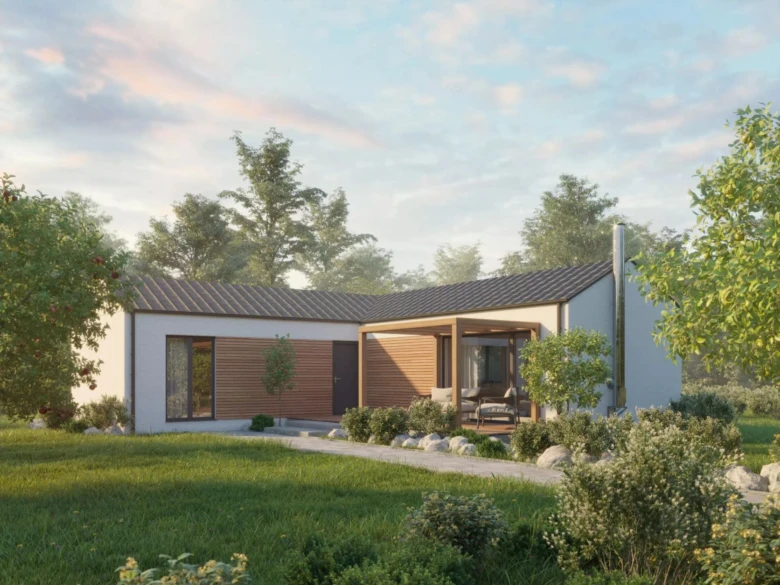Modernní bungalov tvaru L v zeleném prostředí s dřevěnými prvky.