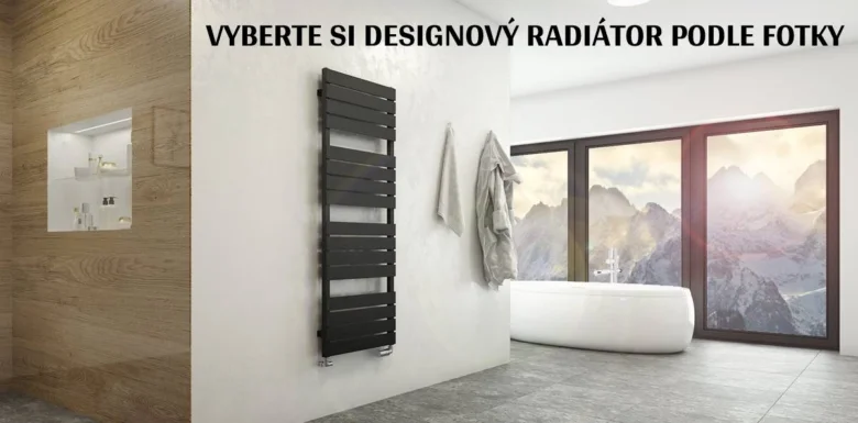 Černý designový žebřík v koupelně s vanou.