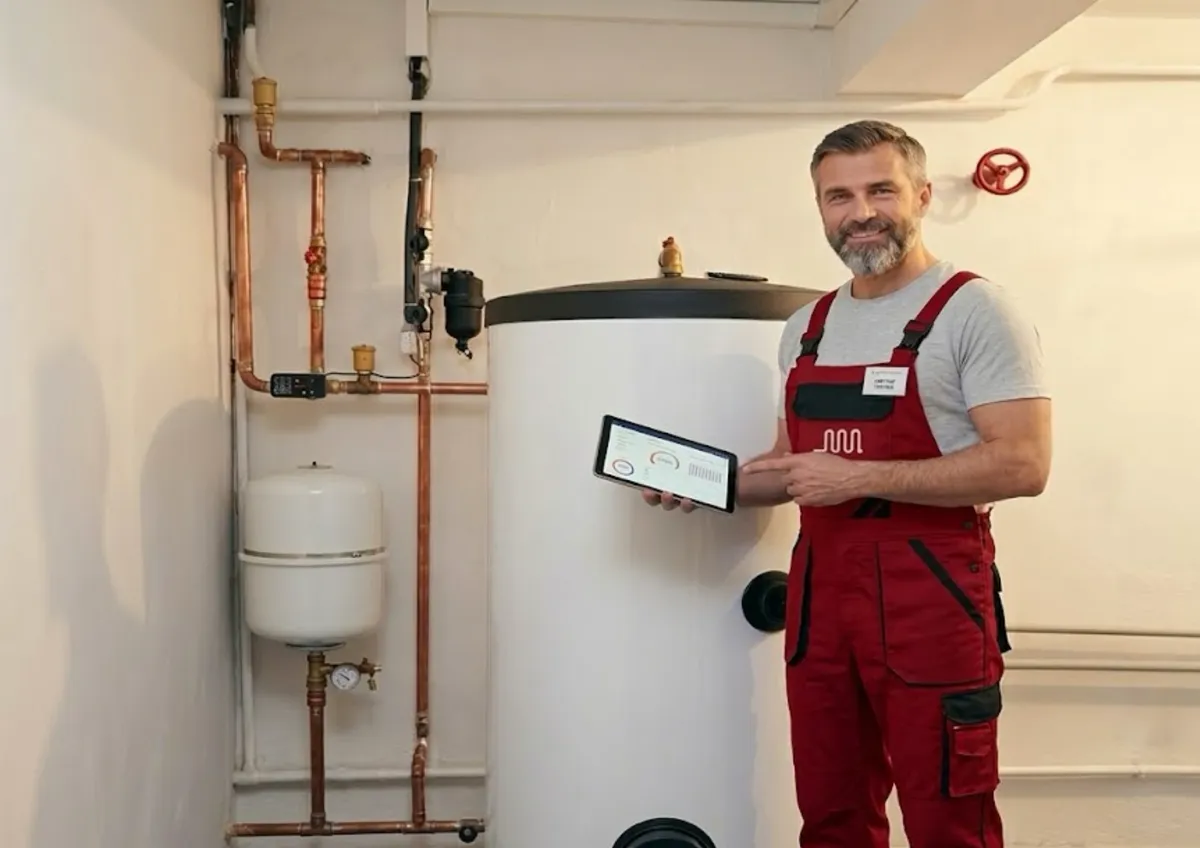 Technik s tabletem u topného systému v kotelně