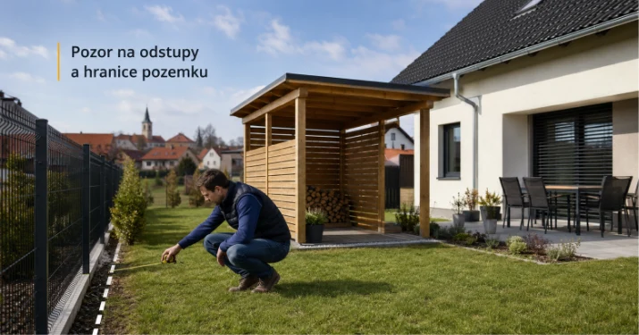 Muž měří vzdálenost od plotu k dřevěné zahradní stavbě.