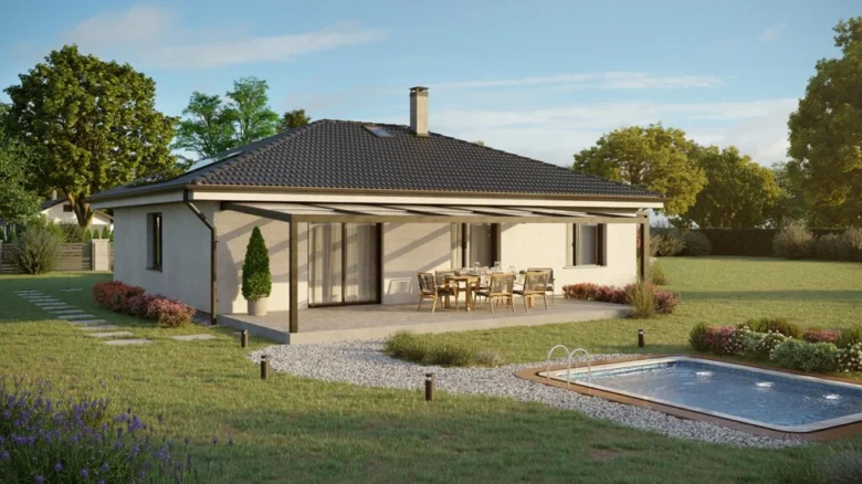 Moderní zděný bungalov s bazénem na pozadí zelené zahrady.