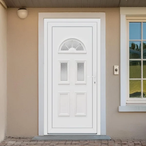 Bílá vstupní dveře s matnými skleněnými prvky v moderním domě.