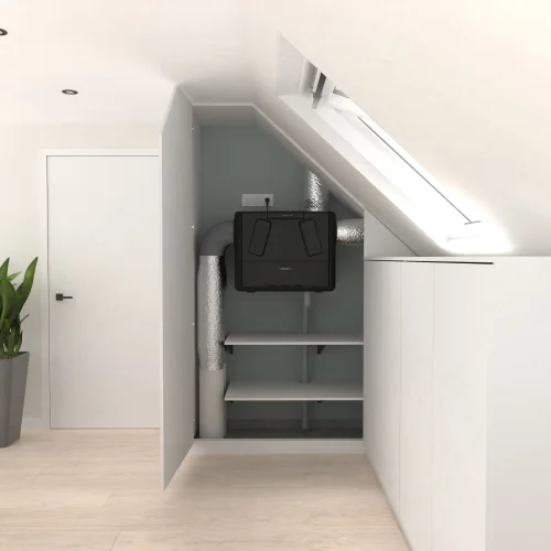Instalace rekuperačního ventilátoru v podkroví s výměnnými kanály.