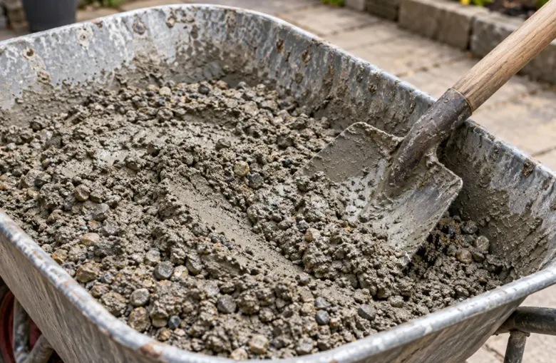Mokrý beton s kamenivem v vozíku pro míchání.