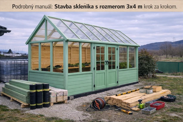 Stavba dřevěného skleníku s okny a materiály na místě.