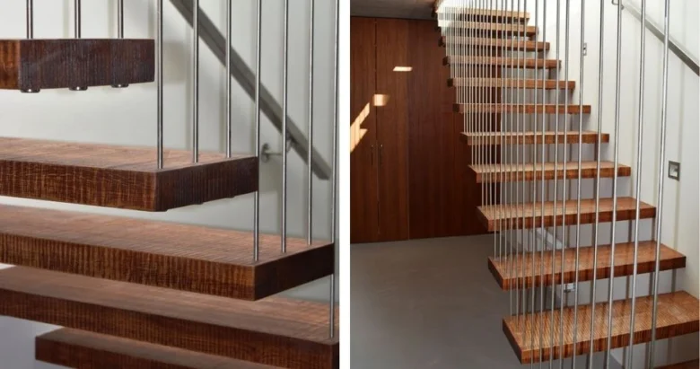 Modern wooden staircase with metal railings