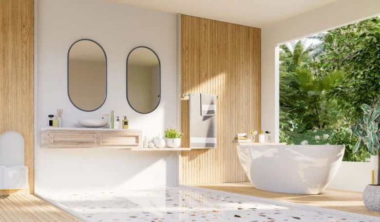 Moderní koupelna s dřevěnými prvky na stěnách.
