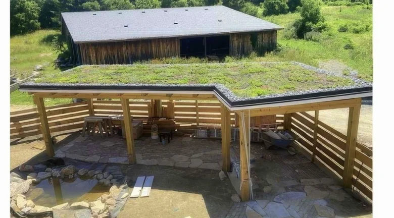 Nová budova s zelenou střechou pod dřevěným přístřeškem.