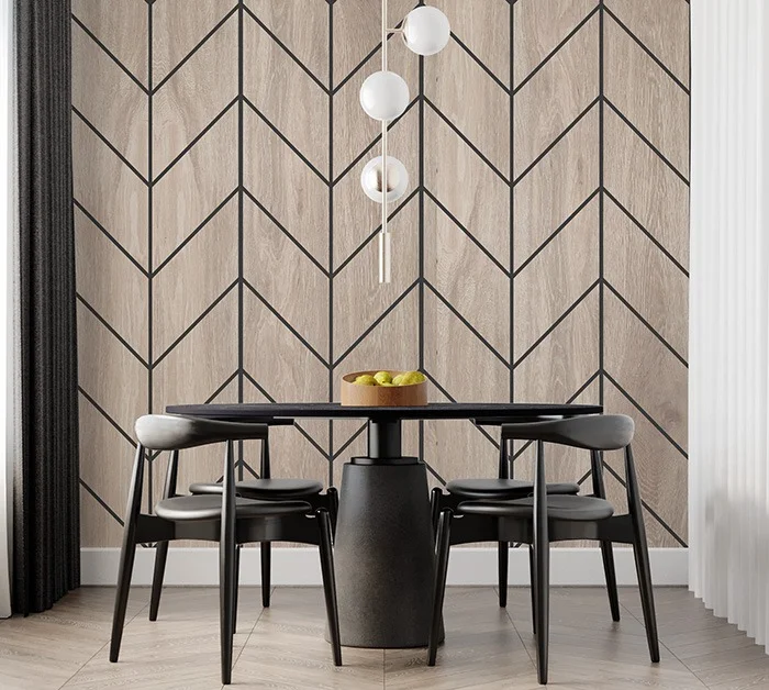 Moderní jídelna s dřevěnými panely na stěně v geometrickém vzoru.