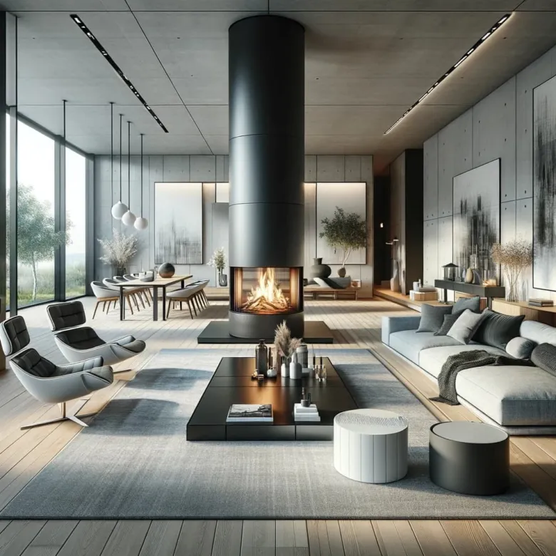 Moderní obývací pokoj s krbem jako centrem designu a atmosféry.