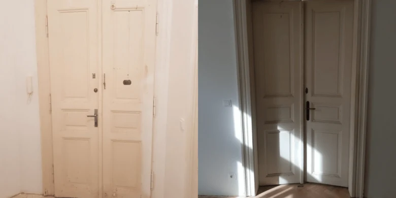 Předpozemní dveře po rekonstrukci domu - před a po úpravách.