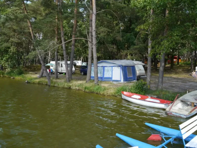 Kempování u vody s karavanem a plavidly v lese.