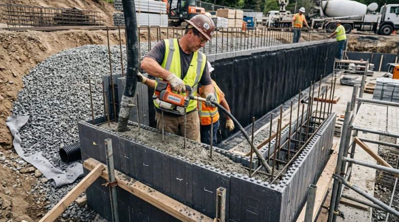 Stavebník nalévá beton do základy s použitím ztraceného bednění.