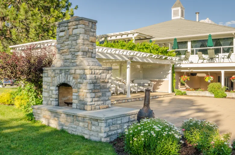 Stone fireplace with pergola