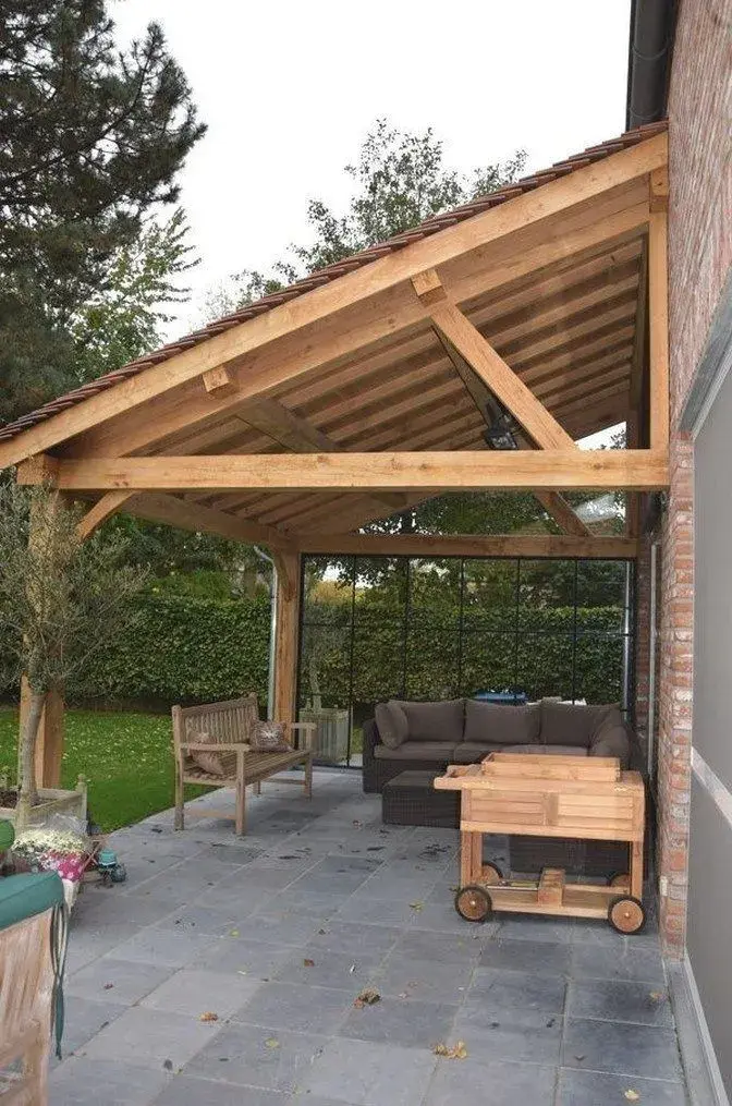 Wooden pergola with seating area