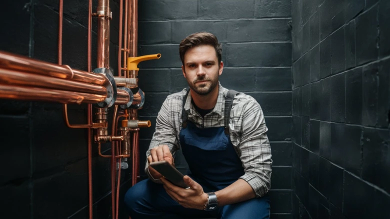 Plumber with copper pipes