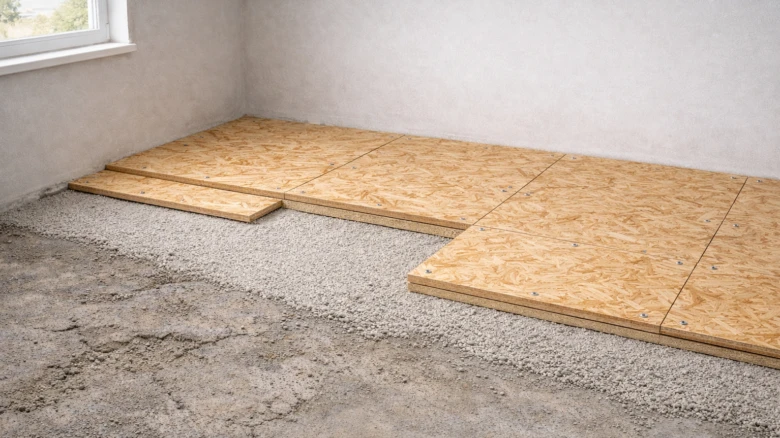 OSB desky položené na štěrku nad prasklým betonem pro vyrovnání podlahy