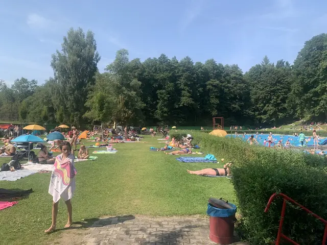 Lidé odpočívají na trávníku u bazénu v koupališti Sluníčko.