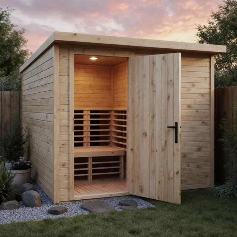Hotová dřevěná finská sauna venku s otevřenými dveřmi.