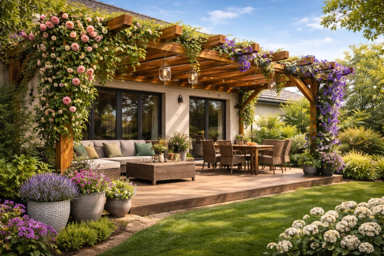 Dřevěná pergola s kvetoucími rostlinami na zahradě u domu.
