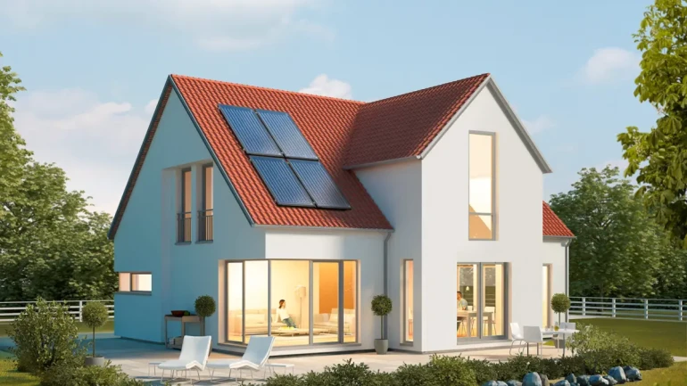Moderní dům s fotovoltaickými panely na střeše pro kombinaci tepelného čerpadla.