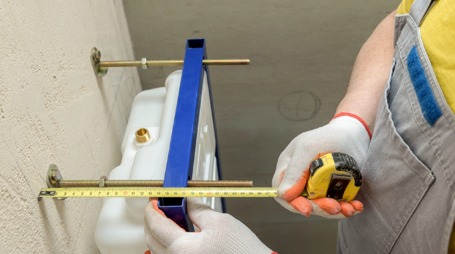 Montér měří instalační rám pro sanitární zařízení při rekonstrukci koupelny.
