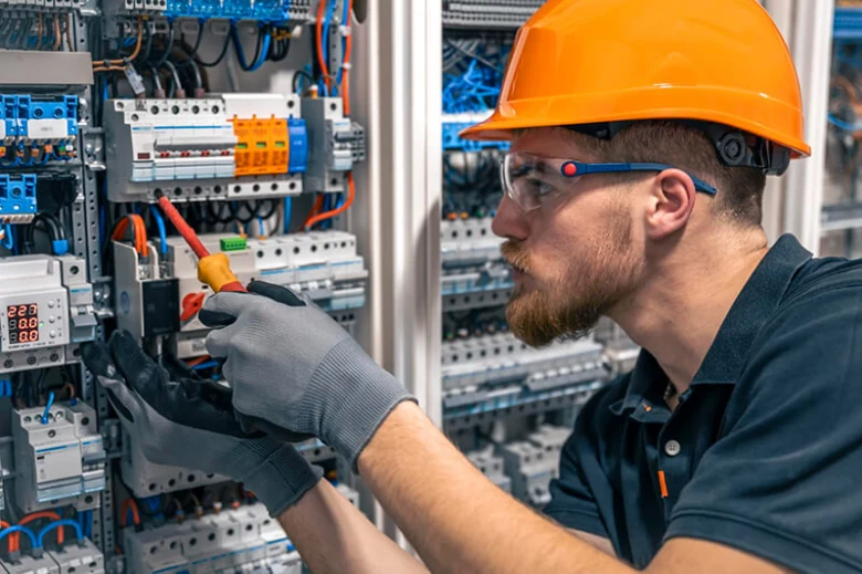Elektrikář opravuje rozvaděč v pražské elektrárenské službě.