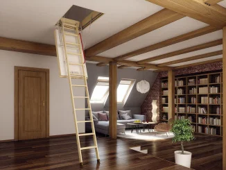 Rozkládací schody na půdu jsou vytažené z otvoru v podlaze.