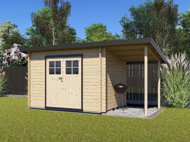 Modern dřevěný zahradní domek s přístřeškem na trávníku.